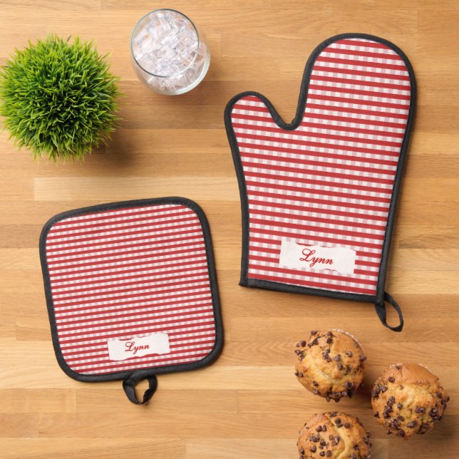 Classic Red & White Gingham | Personalized Name Oven Mitt & Pot Holder Set (Top Down)