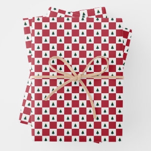 Classic Red White Green Christmas Trees with Stars Wrapping Paper Sheet