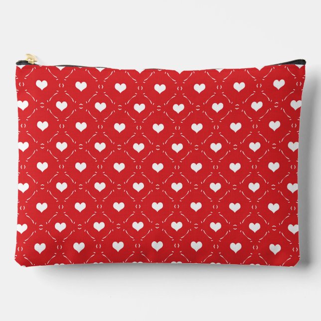 Classic Red White Heart Geometric Lattice Accessory Pouch (Front)