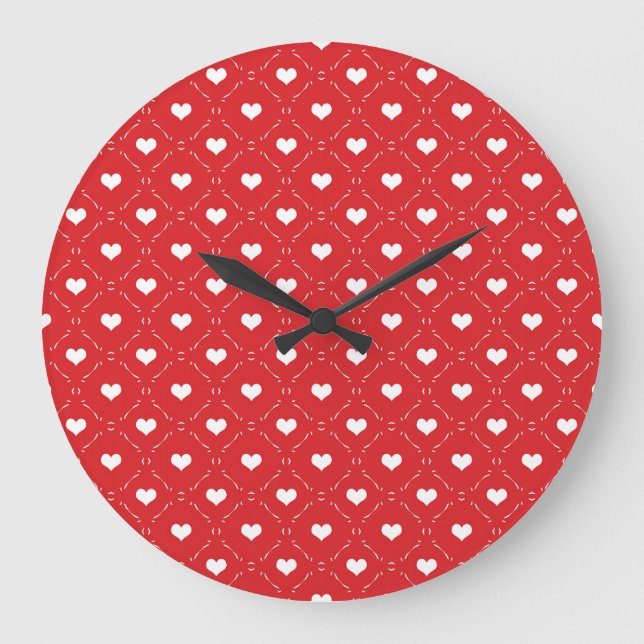 Classic Red White Heart Geometric Lattice Large Clock (Front)