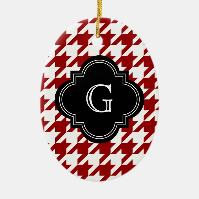 Classic Red White Houndstooth With Monogram Ceramic Tree Decoration (Front)