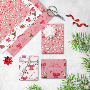 Classic Red White Merry Christmas Flower Ribbon Wrapping Paper Sheet