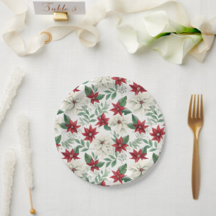 Classic Red & White Poinsettia Holiday Paper Plate