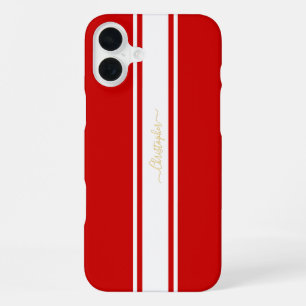 Classic Red White Racing Stripes Gold Monogrammed iPhone 16 Plus Case