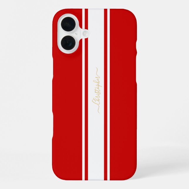 Classic Red White Racing Stripes Gold Monogrammed iPhone Case (Back)