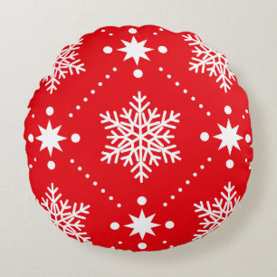 Classic Red White Snowflakes Christmas Pattern Round Cushion