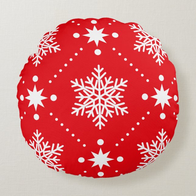 Classic Red White Snowflakes Christmas Pattern Round Cushion (Front)