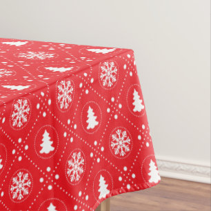 Classic Red White Snowflakes Christmas Trees Tablecloth