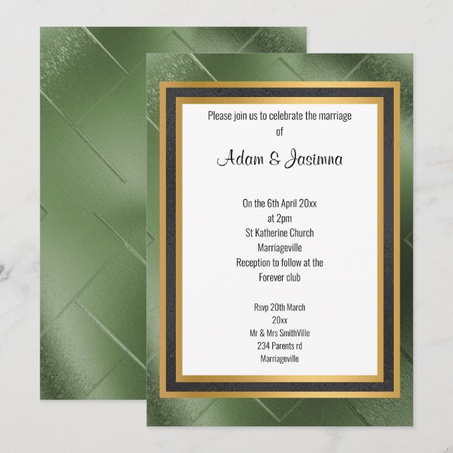 CLASSIC REGAL GREEN BLACK GOLD LAYER WEDDING INVITATION (Front/Back)