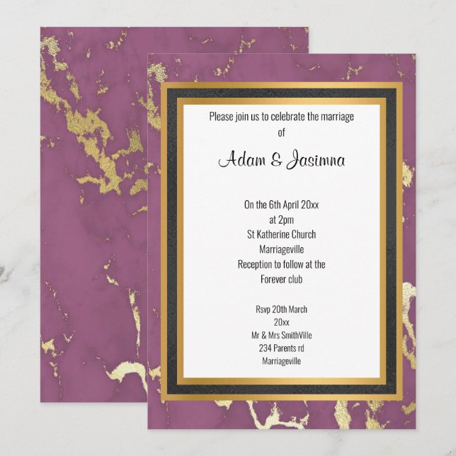 CLASSIC REGAL PURPLE GOLD MARBLE LAYER WEDDING  INVITATION (Front/Back)