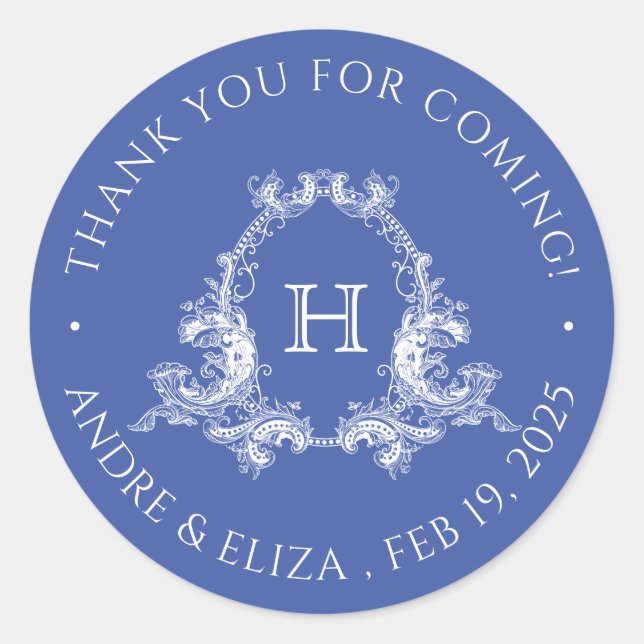 Classic Regency Blue Crest Monogram Wedding  Class Round Sticker (Front)