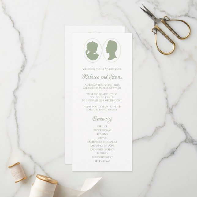 Classic Regency Green Cameo Wedding Ceremony Programme (Front/Back In Situ)