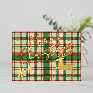 Classic Reindeer On Dark Green Red Plaid Gold Foil Holiday Card