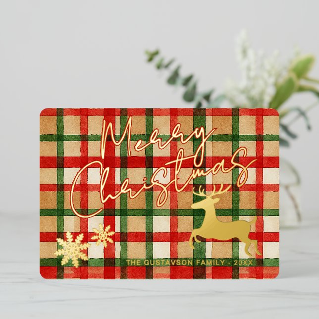 Classic Reindeer On Dark Green Red Plaid Gold Foil Holiday Card (Standing Front)