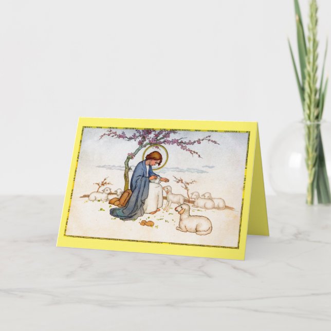 Classic religious Jesus with Lambs Easter Wishes Holiday Card (Front)