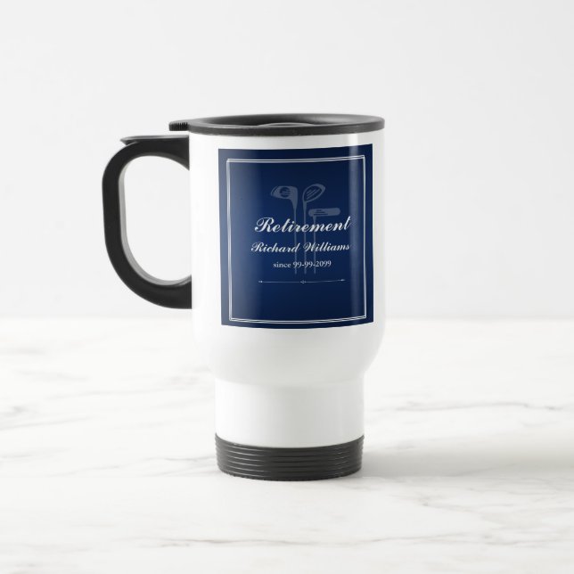 Classic Retirement Golf Theme Blue White Travel Mug (Left)