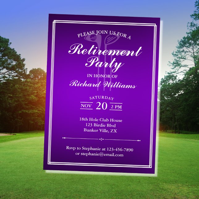Classic Retirement Golf Theme Purple White Invitation (Creator Uploaded)