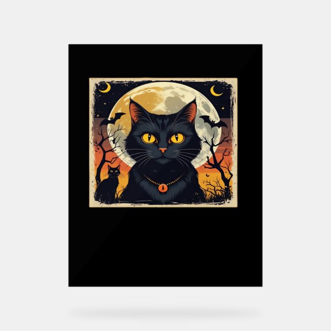 Classic Retro Black Cat Halloween T-Shirt Classic  Acrylic Sign (Front)