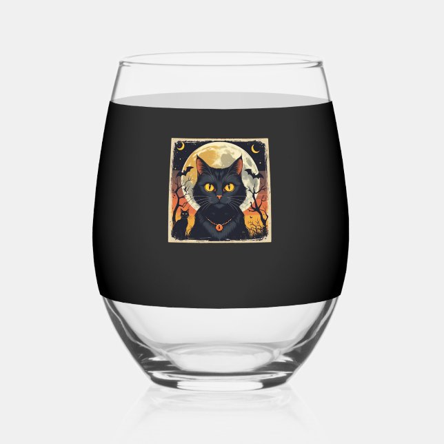 Classic Retro Black Cat Halloween T-Shirt Classic  Stemless Wine Glass (Front)