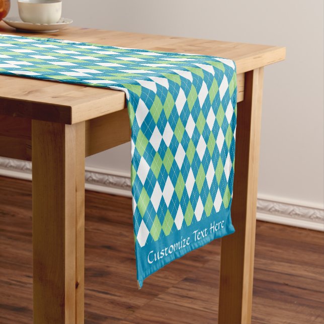 Classic Retro Blue Lime Green Argyle Diamond Short Table Runner (In Situ)
