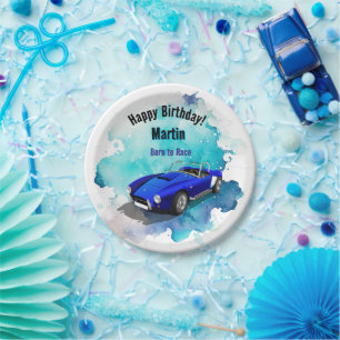 Classic Retro Blue Sports Car Birthday Adventure H Paper Plate