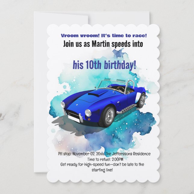 Classic Retro Blue Sports Car Birthday Adventure Invitation (Front)
