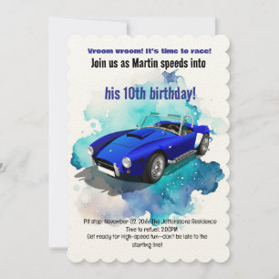 Classic Retro Blue Sports Car Birthday Adventure Invitation