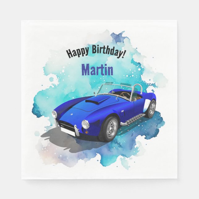Classic Retro Blue Sports Car Birthday Adventure Napkin (Front)
