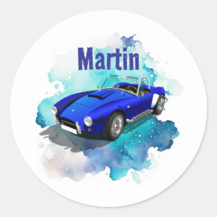 Classic Retro Blue Sports Car Birthday Adventure Round Sticker