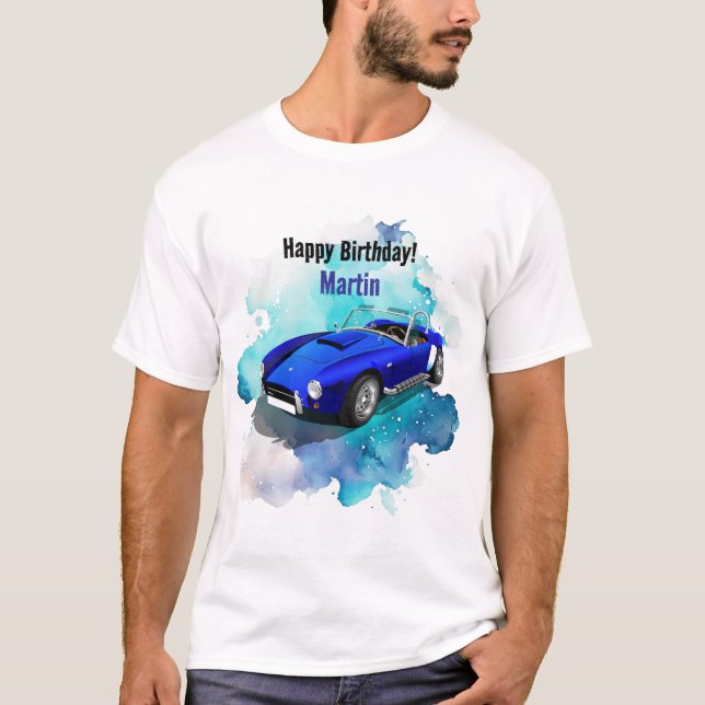 Classic Retro Blue Sports Car Birthday Adventure T-Shirt (Front)