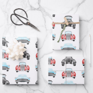 Classic Retro Cars Vintage Watercolour Pattern Wrapping Paper Sheet