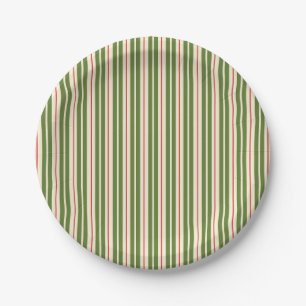 Classic Retro Christmas Stripes Olive Cream Red Paper Plate