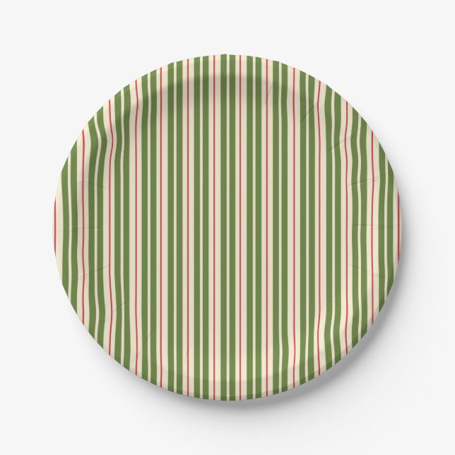 Classic Retro Christmas Stripes Olive Cream Red Paper Plate (Front)