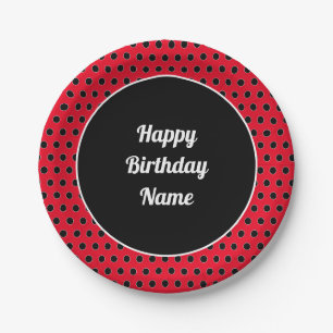 Classic Retro Custom Happy Birthday Polka Dot Red Paper Plate