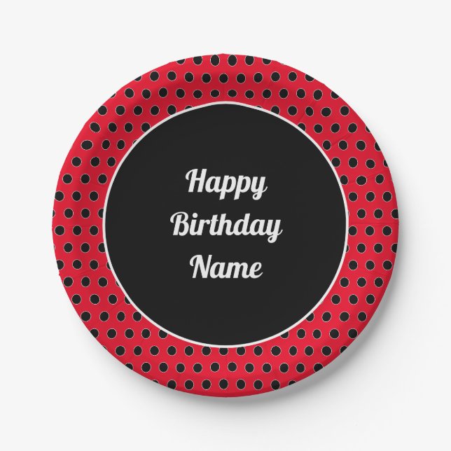 Classic Retro Custom Happy Birthday Polka Dot Red Paper Plate (Front)