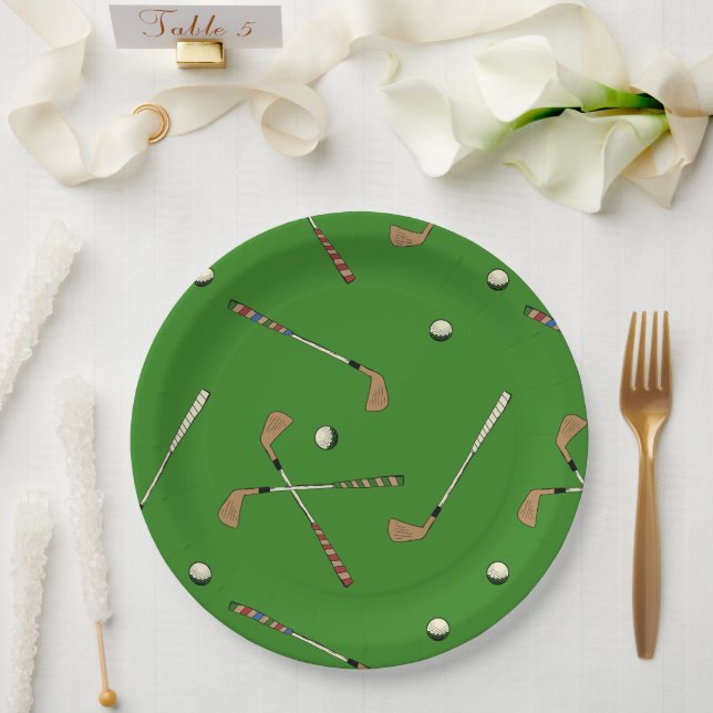 Classic Retro Golf Golfer Clubs Balls Pattern   Paper Plate (Wedding)