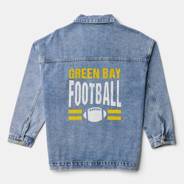 Classic Retro Green Bay Football Wisconsin Green B Denim Jacket (Back)