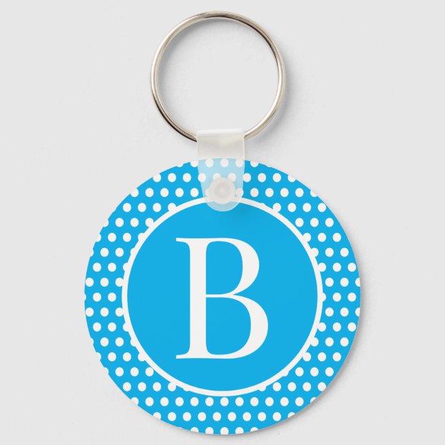 Classic Retro initial letter Sky Blue Polka Dots Key Ring (Front)