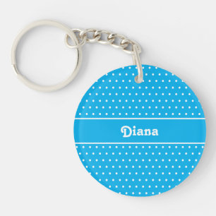 Classic Retro Name Polka Dot Sky Blue and White Key Ring