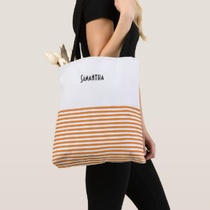 Classic Retro Orange White Horizontal Stripes Name Tote Bag