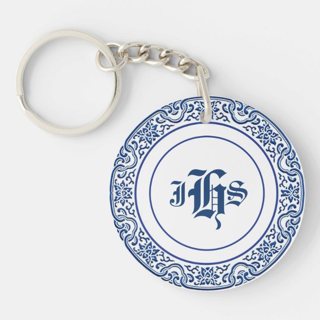 Classic Retro Personalised Monogram Blue Pattern Key Ring (Front)