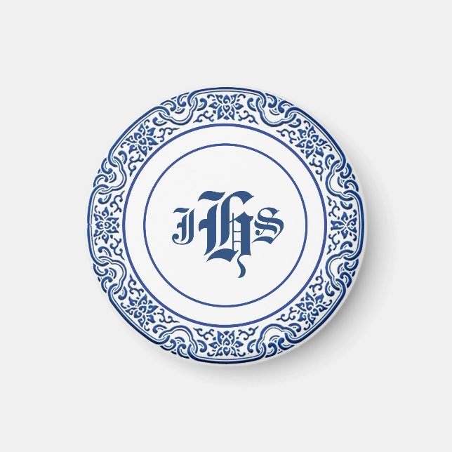 Classic Retro Personalised Monogram Blue Pattern Magnet (Front)