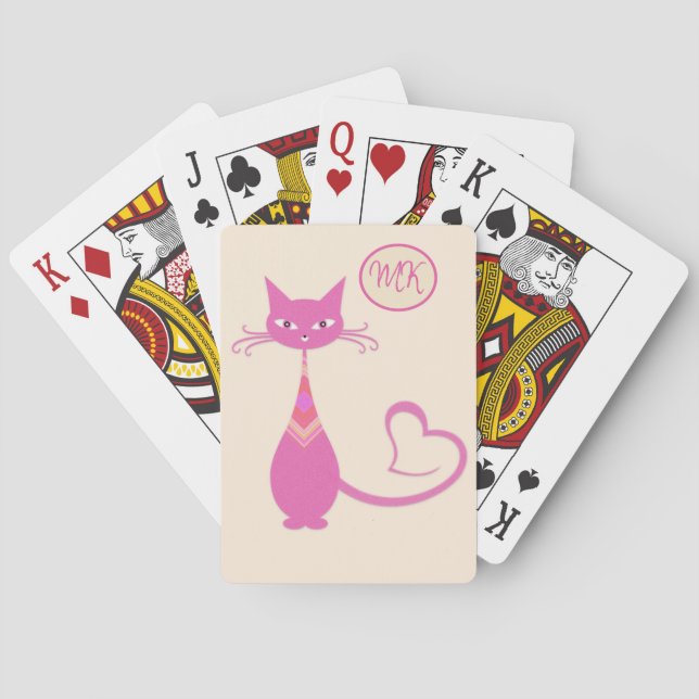 Classic Retro Pink Cat Heart Tail Monogram Playing Cards (Back)