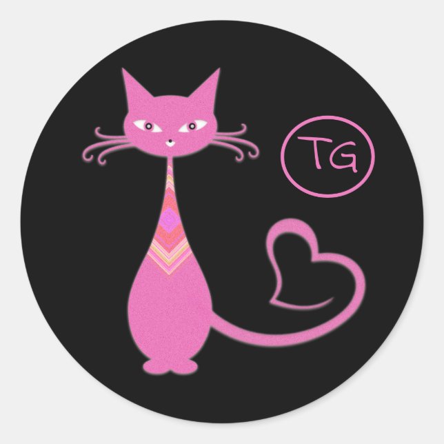 Classic Retro Pink Kitty Cat Heart Tail Monogram  Classic Round Sticker (Front)