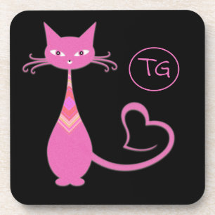 Classic Retro Pink Kitty Cat Heart Tail Monogram Coaster