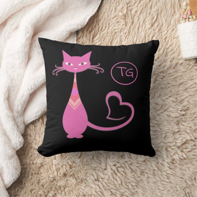 Classic Retro Pink Kitty Cat Heart Tail Monogram Cushion (Blanket)