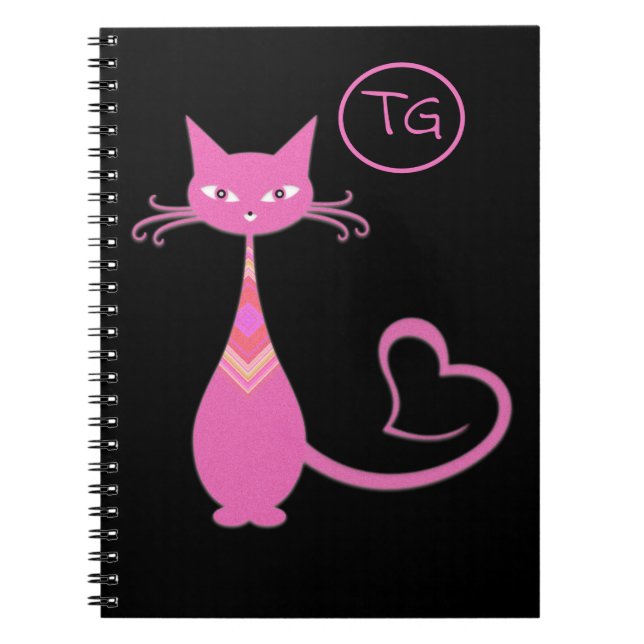 Classic Retro Pink Kitty Cat Heart Tail Monogram Notebook (Front)