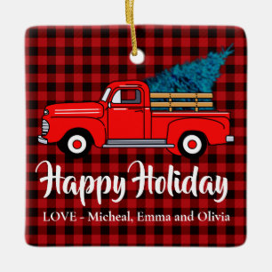 Classic retro red pickup truck red black plaid ceramic ornament