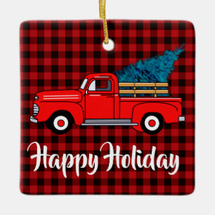 Classic retro red pickup truck red black plaid ceramic ornament