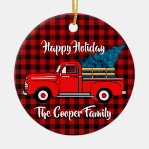 Classic retro red pickup truck red black plaid ceramic tree decoration